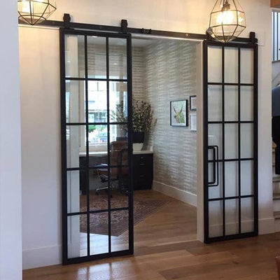 custom iron barn double door with square top and 15-lite glass pane