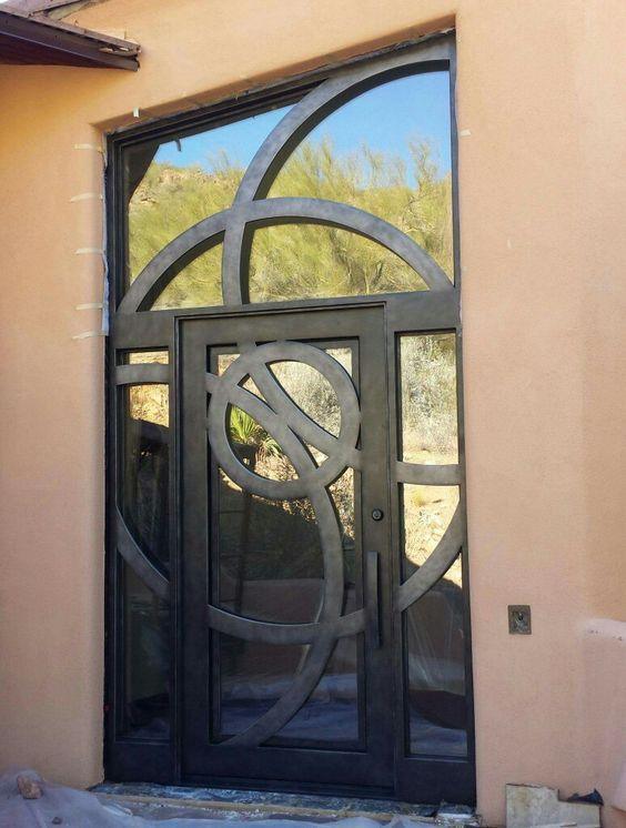 IWD-eleglant-steel-single-entrance-door-clear-glass-CID-128-radiant-curved-line-arched-top-with-transom-sidelights-ironwroughtdoors