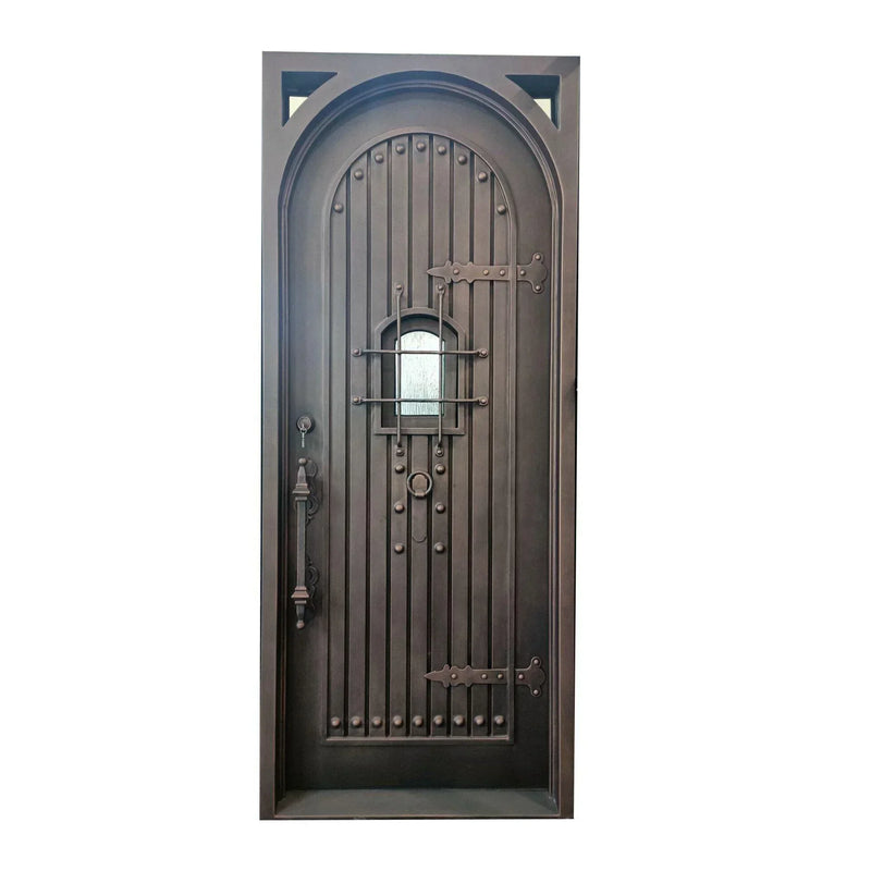 IWD Thermal Break Single Exterior Iron Wrought Door CID-106 Speakeasy Design Square Top Round Inside