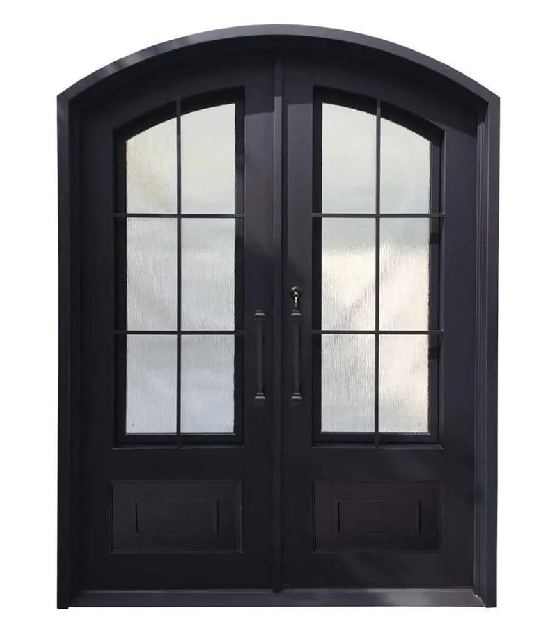 IWD Thermal Break Wrought Iron Double Front Entry Door CID-022-B Classic Grid Design Arched Top Operable Glass with Screens
