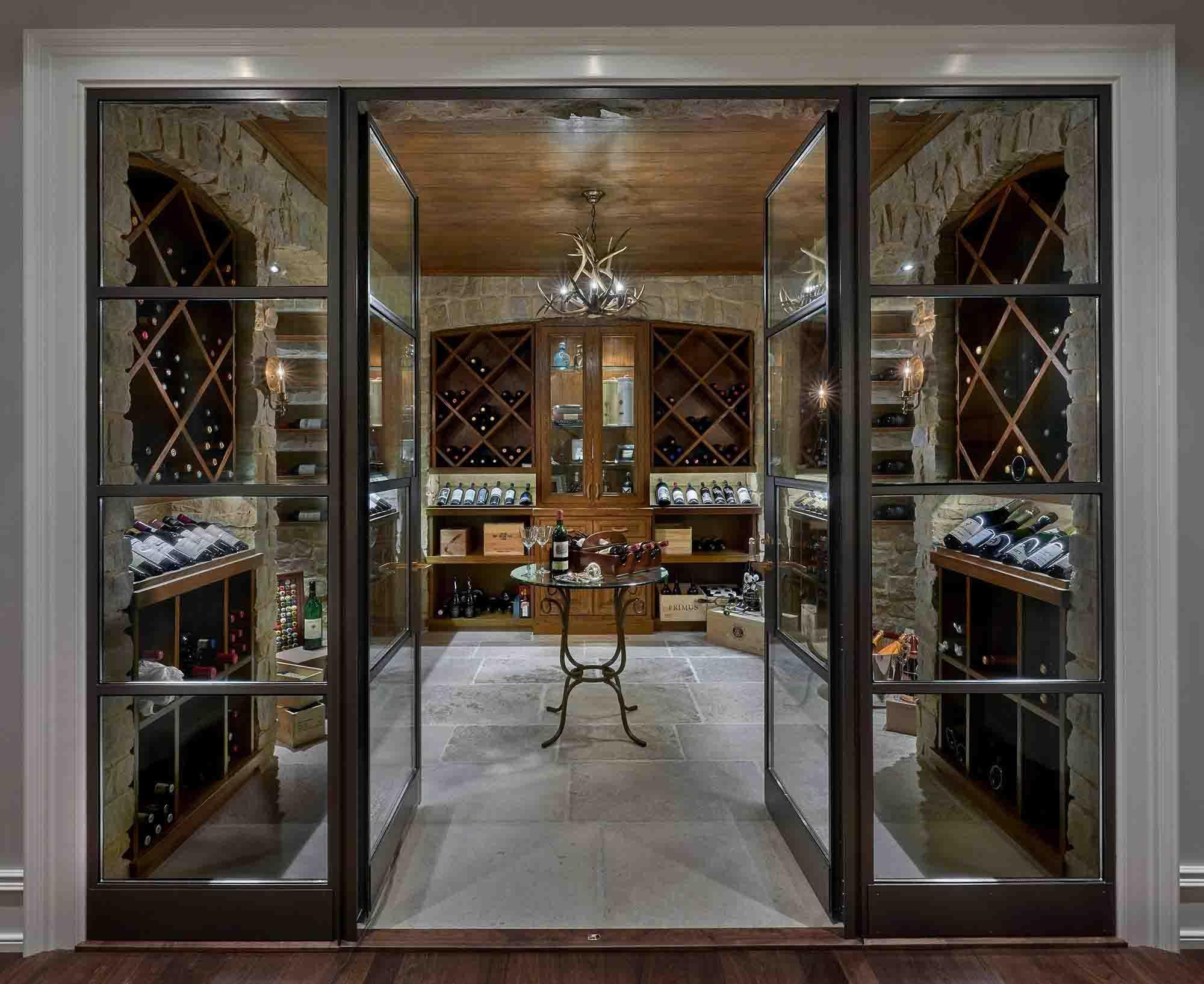 Custom Wine Cellar Wrought Iron French Double Door 4-Lite Glass Panel