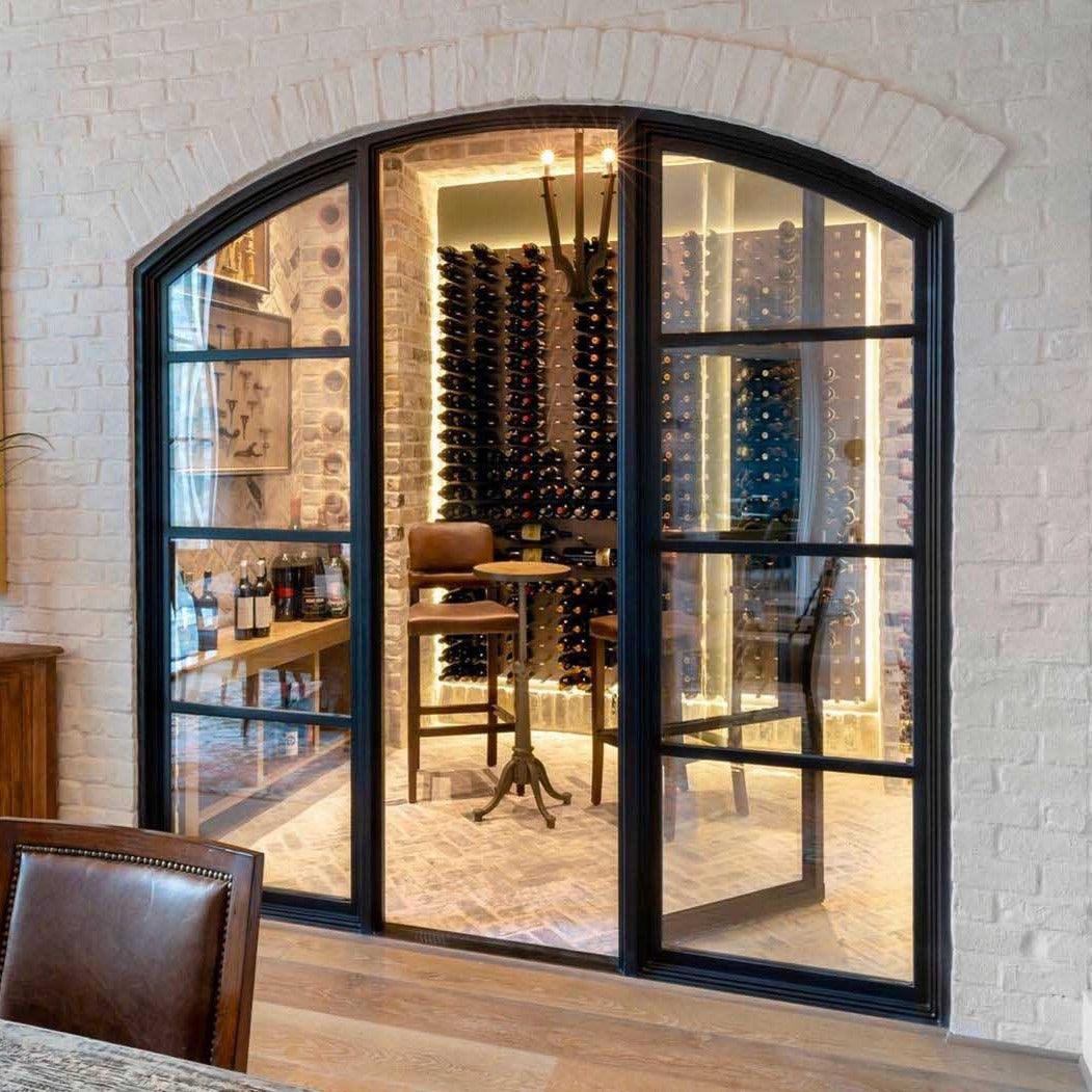 Custom Interior Wine Cellar Single Door Arched Top Double Sidelights