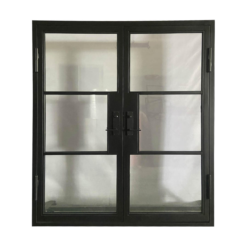 IWD Double Front Iron French Door CIFD-D0101 Square Top Double Pane Glass 3-Lite - IronWroughtDoors