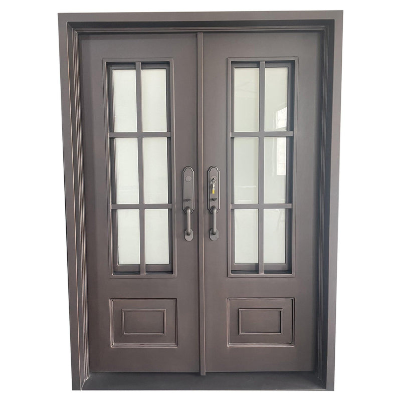 IWD Wrought Iron Double Front Entry Door CID-022-B Classic Grid Design Square Top Operable Glass with Screens - IronWroughtDoors