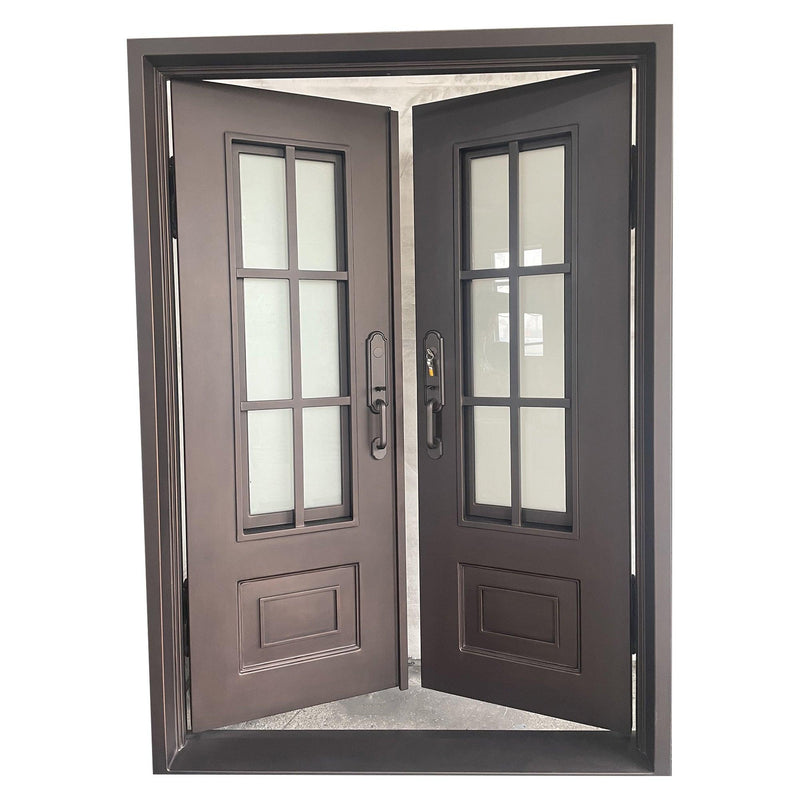 IWD Wrought Iron Double Front Entry Door CID-022-B Classic Grid Design Square Top Operable Glass with Screens - IronWroughtDoors