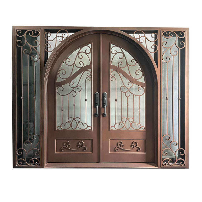 IWD Thermal Break Wrought Iron Double Door CID-029 Beautiful Scroll Work Square Top Round Inside - IronWroughtDoors