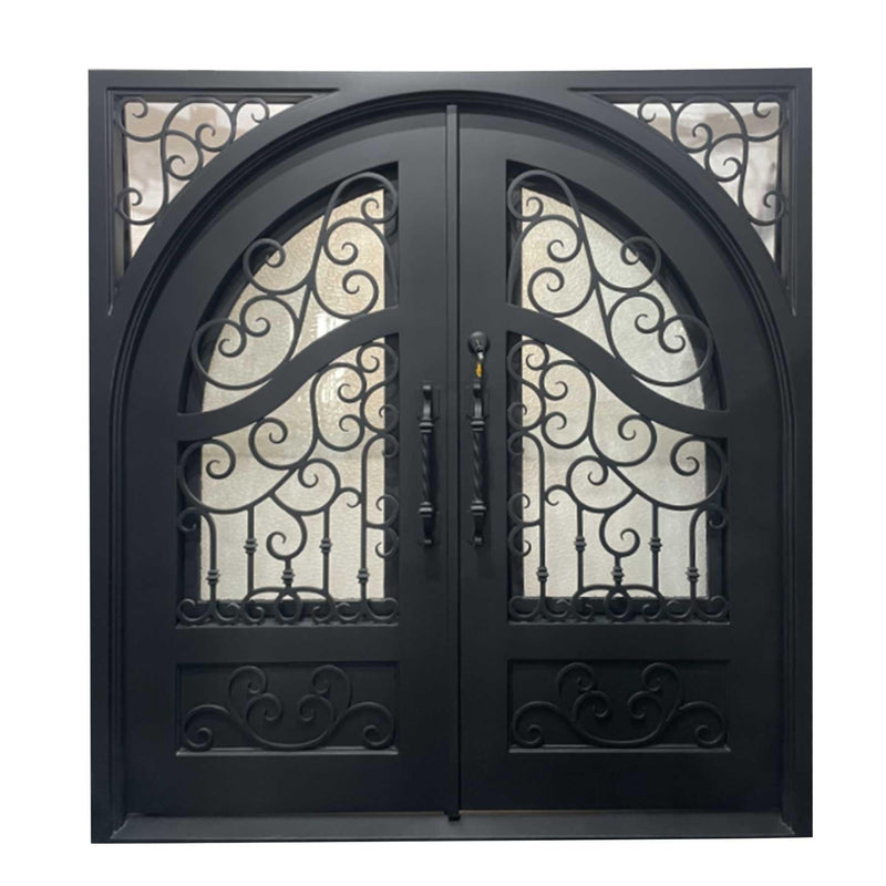 IWD Thermal Break Wrought Iron Double Door CID-029 Beautiful Scroll Work Square Top Round Inside - IronWroughtDoors