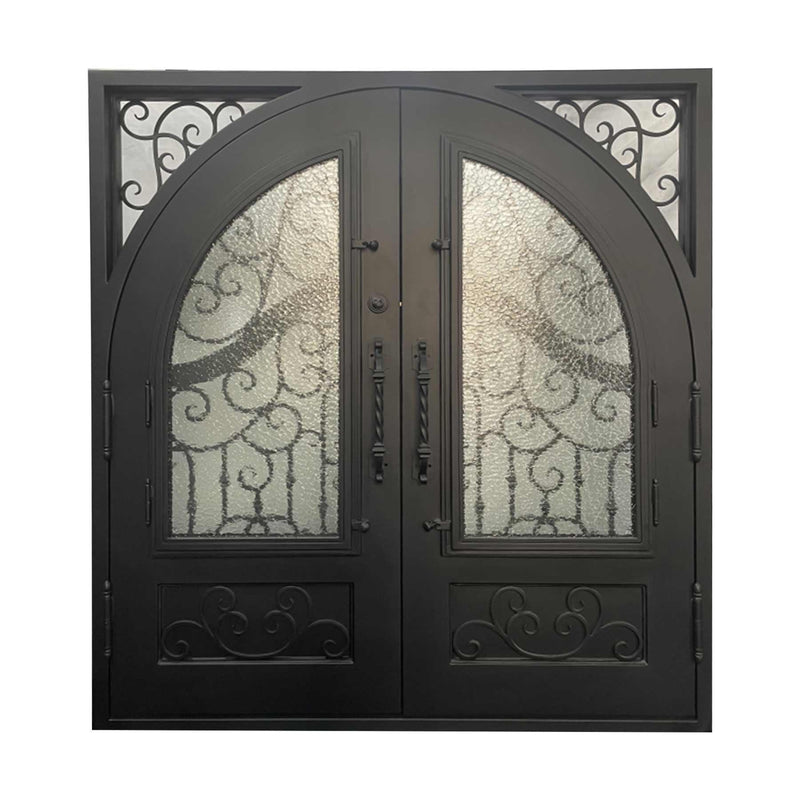 IWD Thermal Break Wrought Iron Double Door CID-029 Beautiful Scroll Work Square Top Round Inside - IronWroughtDoors