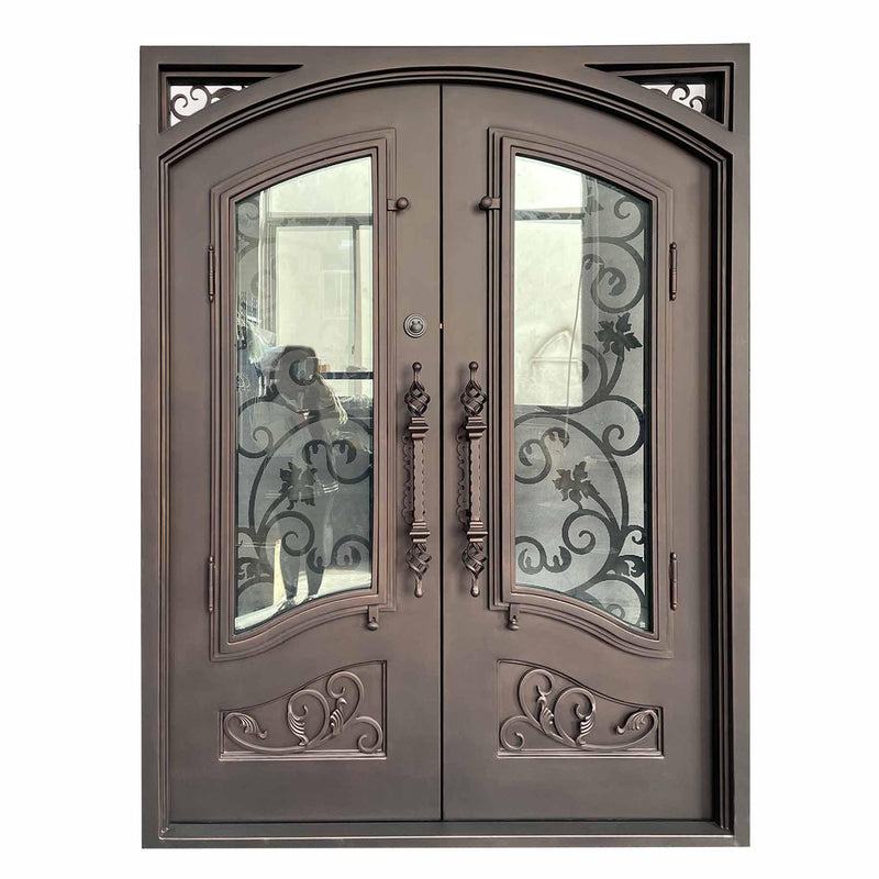 IWD Thermal Break Beautiful Iron Wrought Double Entry Door CID-046 Ornate Scroll Work Square Top - IronWroughtDoors
