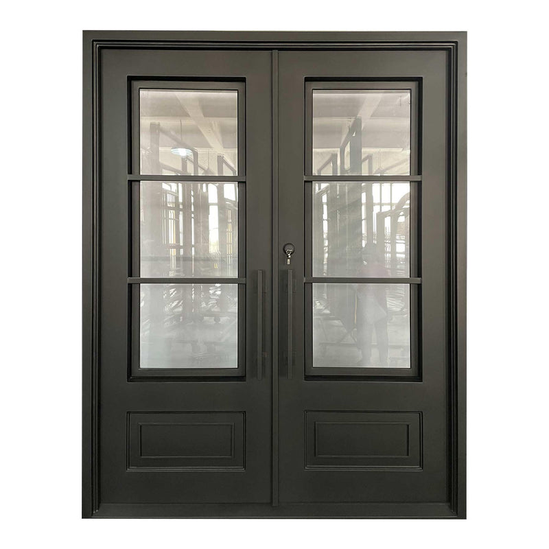 IWD Thermal Break Double Front Iron Wrought Door CID-068 Rustic Style Square Top Aquatex Glass - IronWroughtDoors