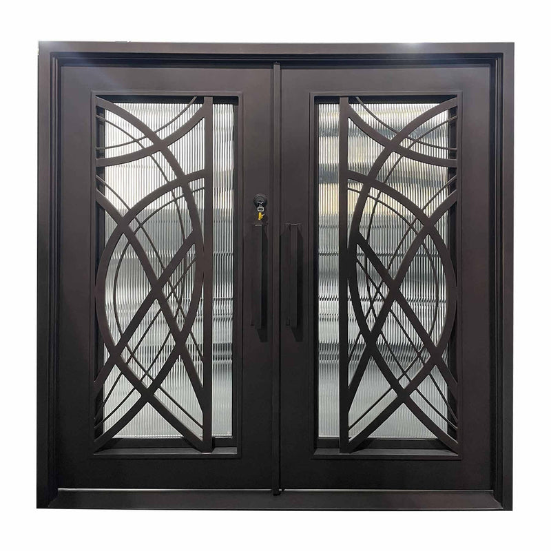 IWD Thermal Break Handmade Wrought Iron Double Exterior Door CID-102 Curve Design Square Top Hurricane Proof Operable Glass - IronWroughtDoors