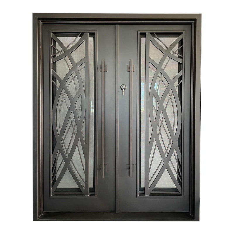 IWD Thermal Break Handmade Wrought Iron Double Exterior Door CID-102 Curve Design Square Top Hurricane Proof Operable Glass - IronWroughtDoors