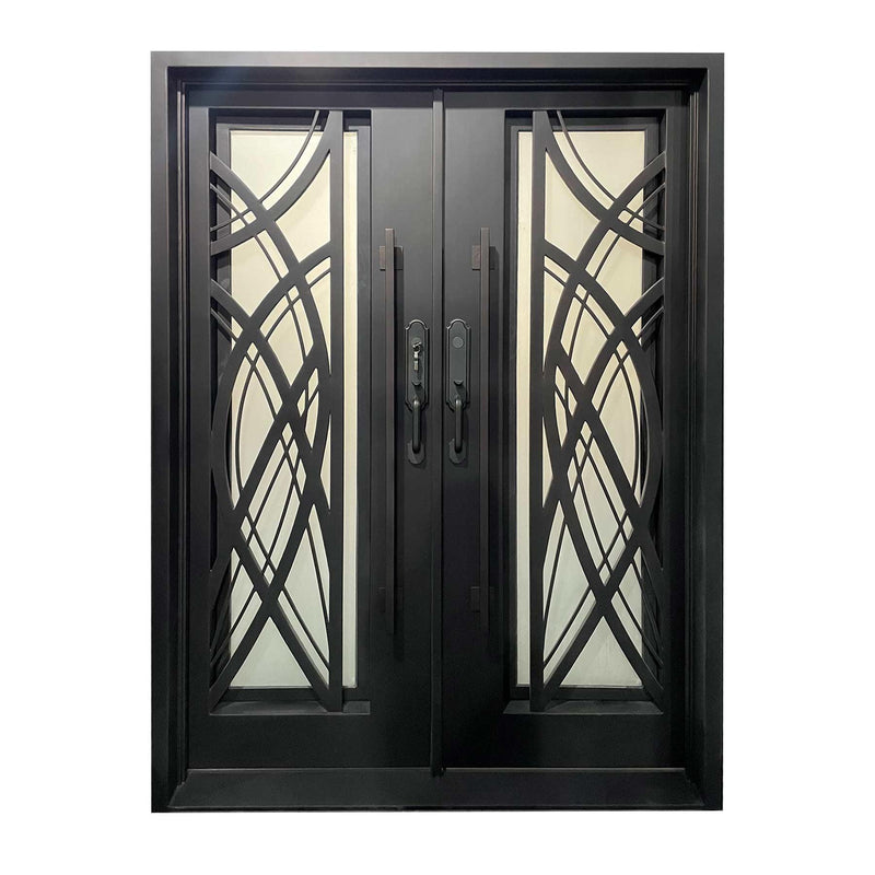 IWD Thermal Break Handmade Wrought Iron Double Exterior Door CID-102 Curve Design Square Top Hurricane Proof Operable Glass - IronWroughtDoors