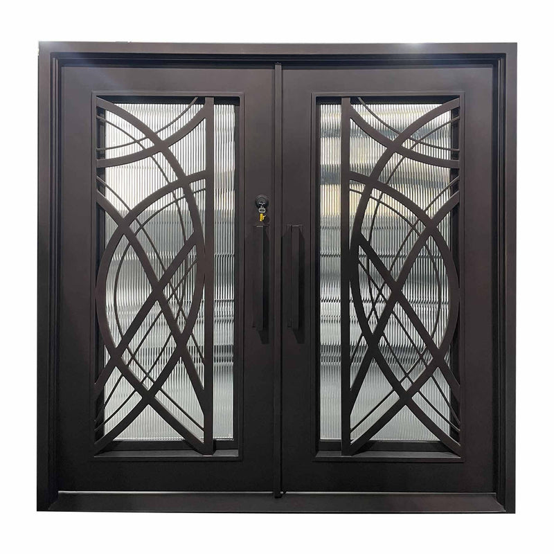 IWD Handmade Wrought Iron Double Exterior Door CID-102 Curve Design Square Top Hurricane Proof Operable Glass - IronWroughtDoors