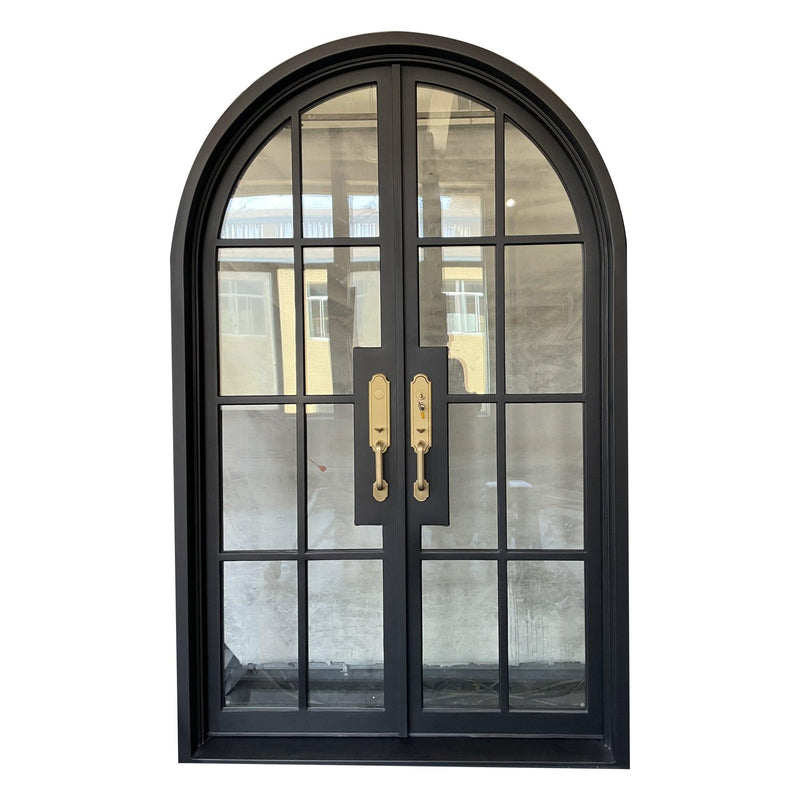 IWD Neat Design Wrought Iron French Dual Door CIFD-D0104 Arched Top Hurricane-Proof Glass 8-Lite - IronWroughtDoors