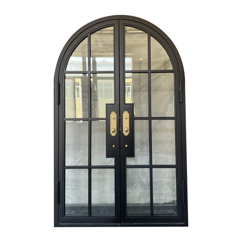 IWD Thermal Break Neat Design Wrought Iron French Dual Door CIFD-D0104 Arched Top Hurricane-Proof Glass 8-Lite - IronWroughtDoors