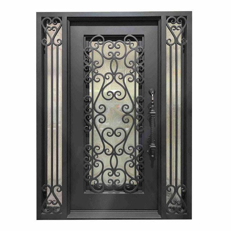 IWD Custom Wrought Iron Double Front Door CID-082 Luxury Scrollwork Round Transom - IronWroughtDoors