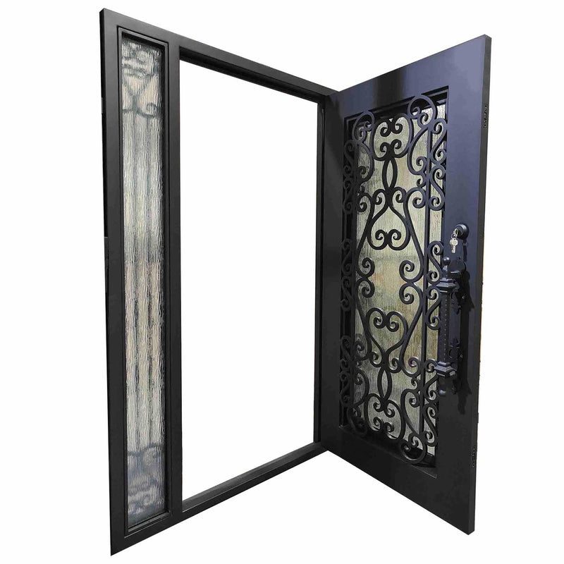 IWD Thermal Break Custom Wrought Iron Double Front Door CID-082 Luxury Scrollwork Round Transom - IronWroughtDoors