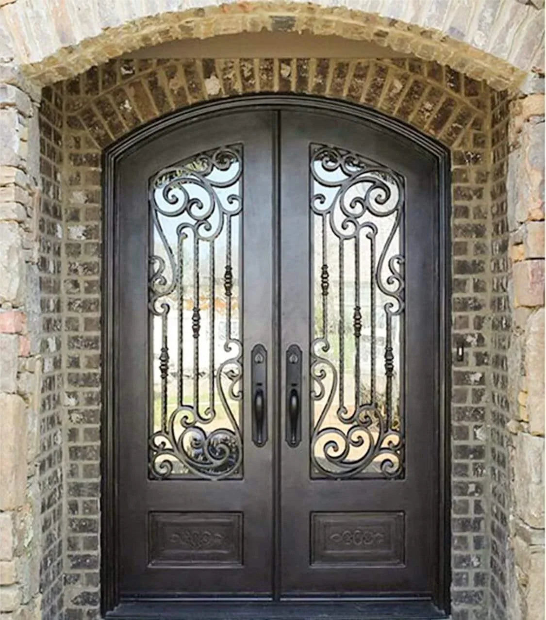 Custom Thermal Break Wrought Iron Exterior Double Door with Kick Plate ...