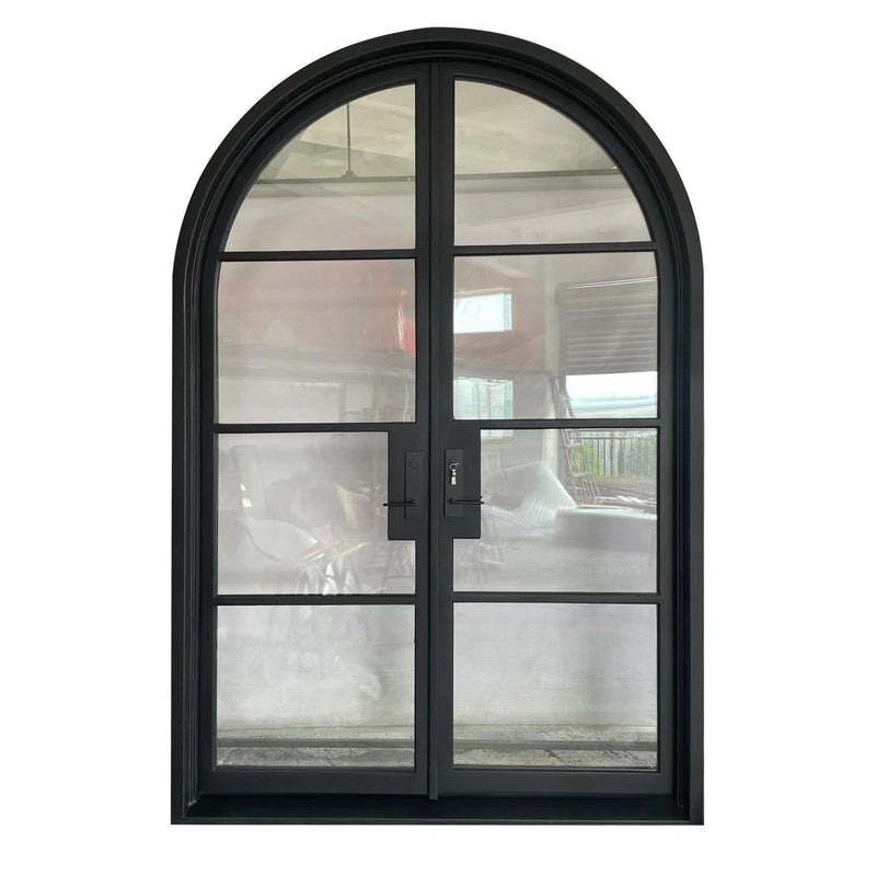 IWD Double Front Wrought Iron French Door CIFD-D0102 Round Top Clear Glass 4-Lite - IronWroughtDoors