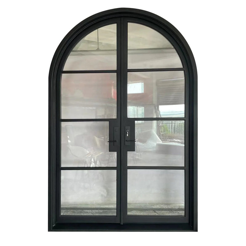 IWD Double Front Wrought Iron French Door CIFD-D0102 Round Top Clear Glass 4-Lite - IronWroughtDoors