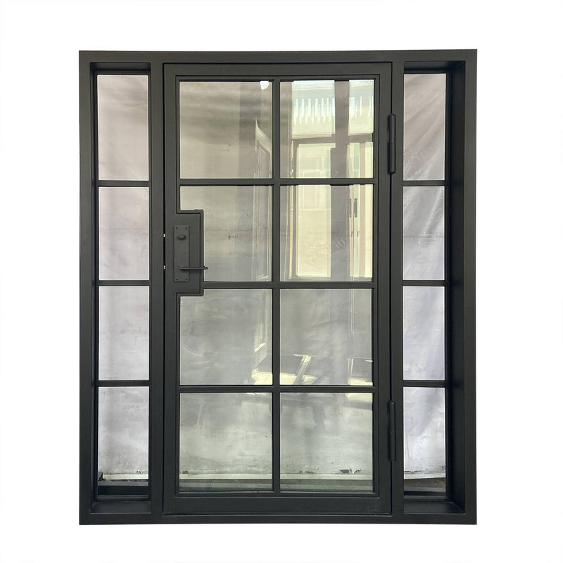 IWD Minimalist Forged Iron French Single Entry Door CIFD-S0302 Dual Pane Clear Glass with Double Narrow Sidelights 8-Lite - IronWroughtDoors