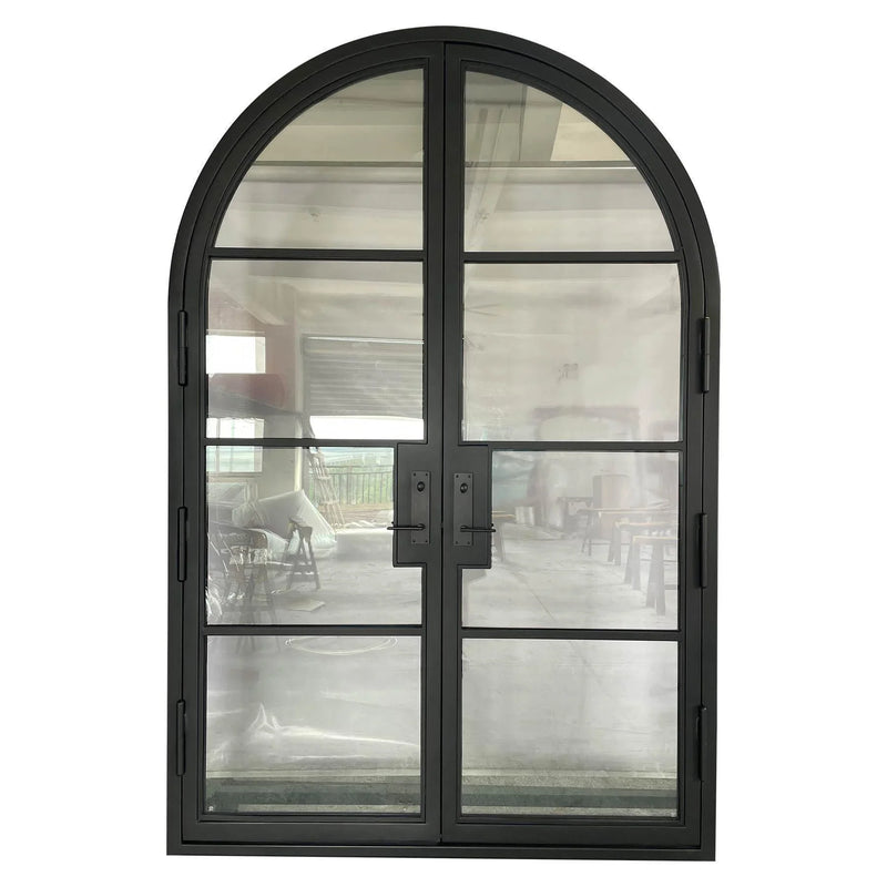 IWD Double Front Wrought Iron French Door CIFD-D0102 Round Top Clear Glass 4-Lite - IronWroughtDoors