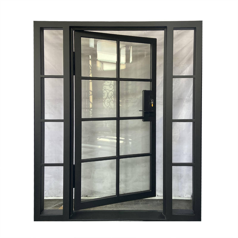 IWD Minimalist Forged Iron French Single Entry Door CIFD-S0302 Dual Pane Clear Glass with Double Narrow Sidelights 8-Lite - IronWroughtDoors