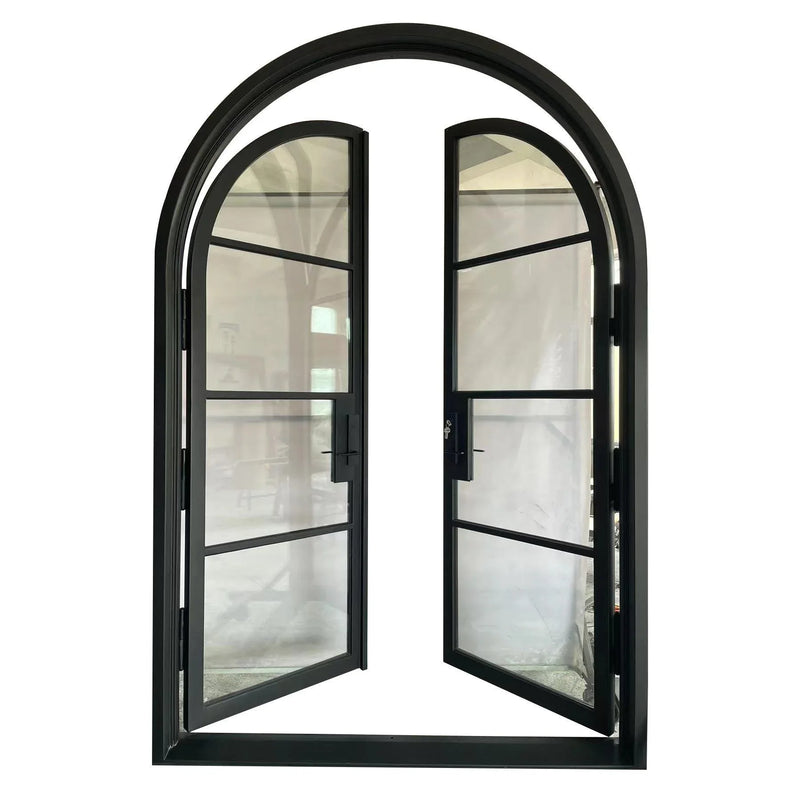 IWD Double Front Wrought Iron French Door CIFD-D0102 Round Top Clear Glass 4-Lite - IronWroughtDoors
