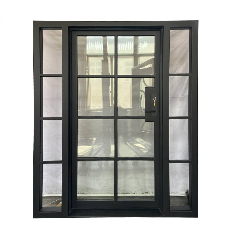 IWD Minimalist Forged Iron French Single Entry Door CIFD-S0302 Dual Pane Clear Glass with Double Narrow Sidelights 8-Lite - IronWroughtDoors