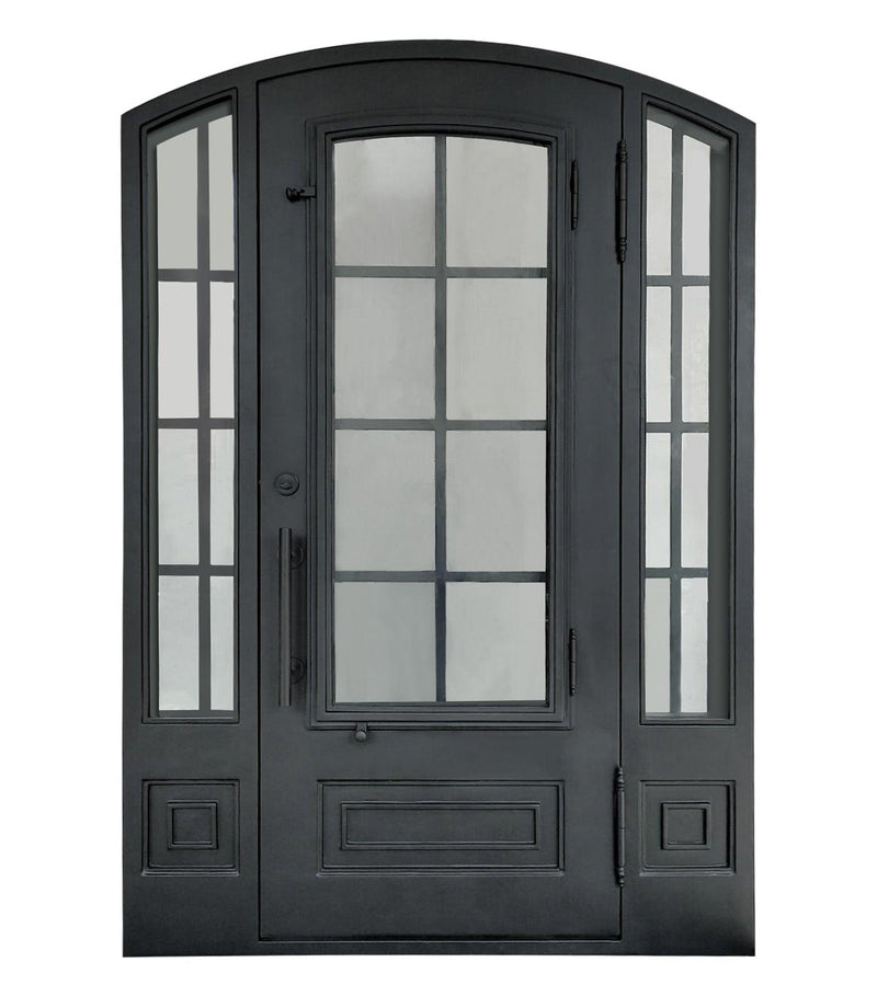 CID-017-a IWD Wrought Iron Single Door With Two Sidelights 42x96 Matte Black Arched Top Low-e Clear Glass - Back
