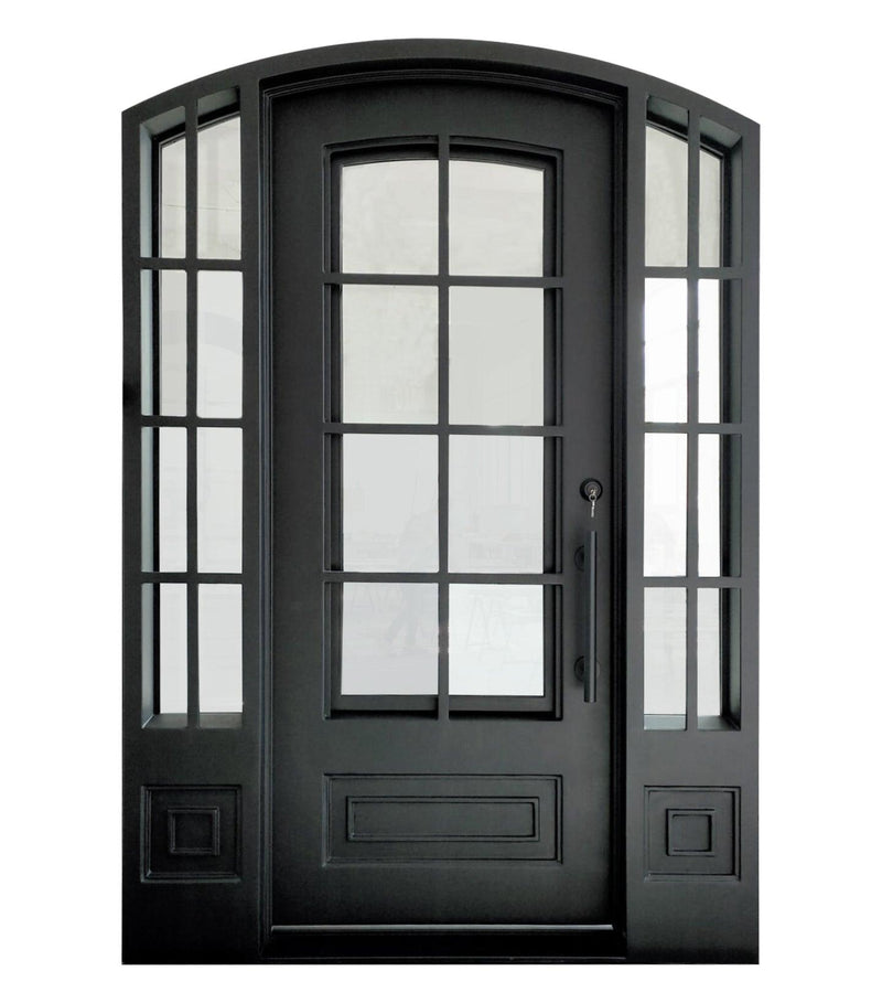 IWD Wrought Iron Single Door With Two Sidelights 42x96 Matte Black Arched Top Low-e Clear Glass - Front