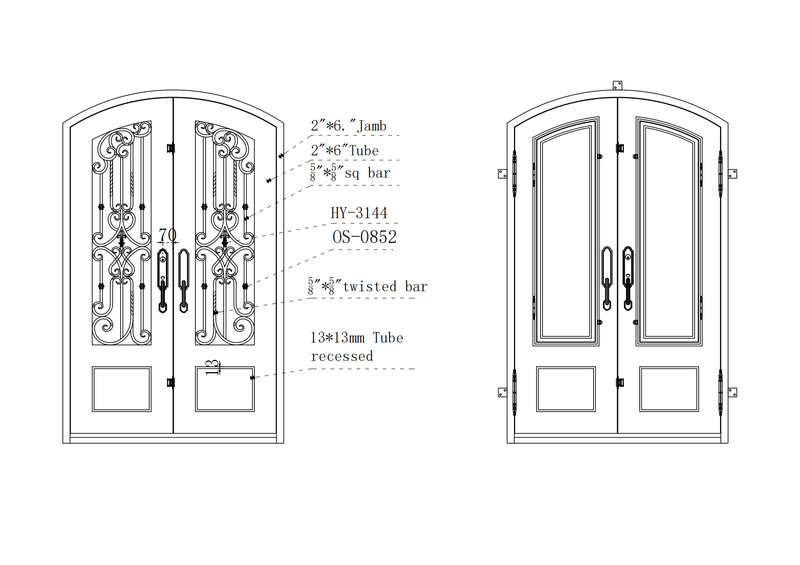 IWD Beautiful Iron Double Entry Door CID-049 Rustic Style Arched Top Drawing
