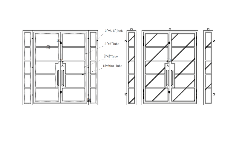 IWD Forged Iron French Patio Door Neat Frame CIFD-D0301 Square Top with Double Narrow Sidelites CAD Drawing