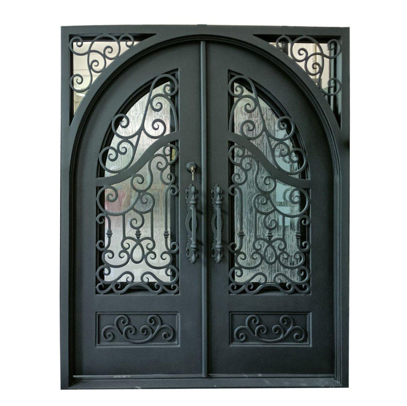 IWD Wrought Iron Double Door CID-029 Square Top Round Inside Rain Glass
