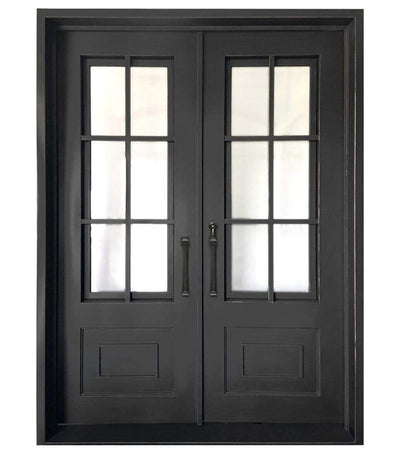 IWD Wrought Iron Double Front Entry Door CID-022-B Classic Grid Design Square Top Operable Glass with Screens