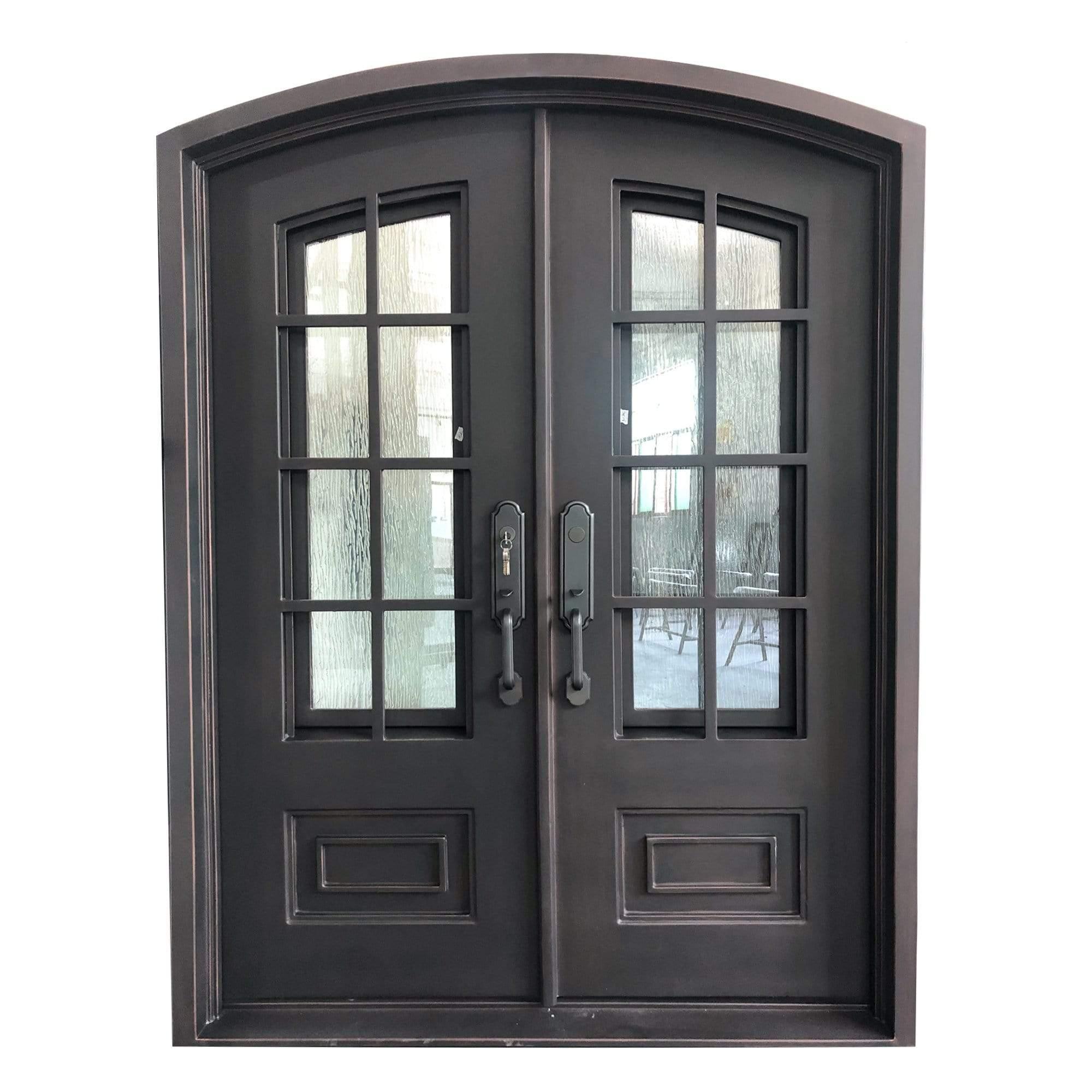 Custom Thermal Break Double Front Iron Entry Door Grid Slab Arched Top