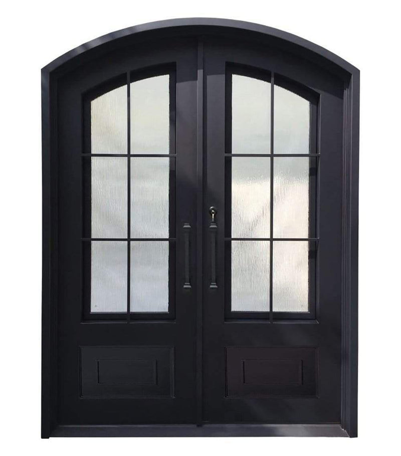 IWD Wrought Iron Double Front Entry Door CID-022-B Classic Grid Design Arched Top Operable Glass with Screens
