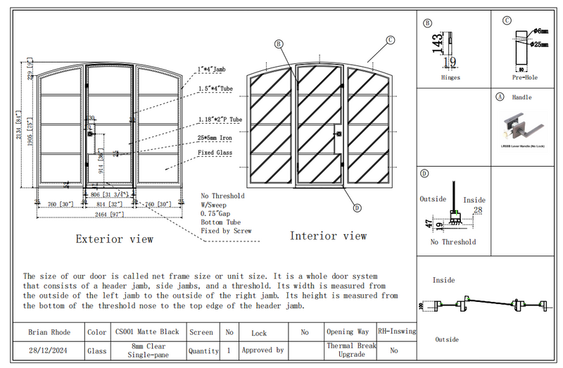 Custom link for Brian Rhode IWD Elegant Metal Frame Single Door Interior Double Sidelights 12/28/2024