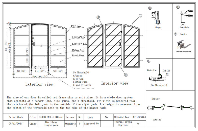 Custom link for Brian Rhode IWD Elegant Metal Frame Single Door Interior Double Sidelights 12/25/2024