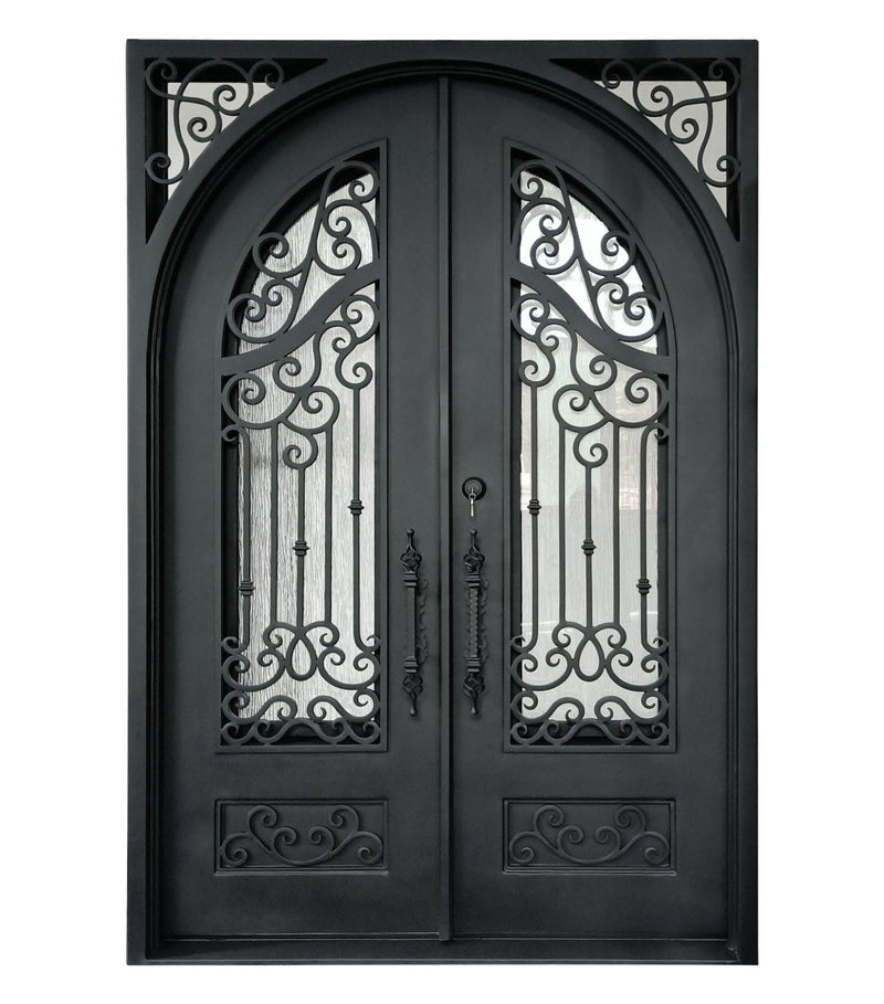 IWD Wrought Iron Front Door Iron Entry Door 64x96 Matte Black Square Top Round Inside Rain Glass With Screen - Front
