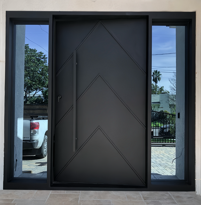 IWD-steel-pivot-single-door-full-iron-panel-and-CID-PV030-chevron-design