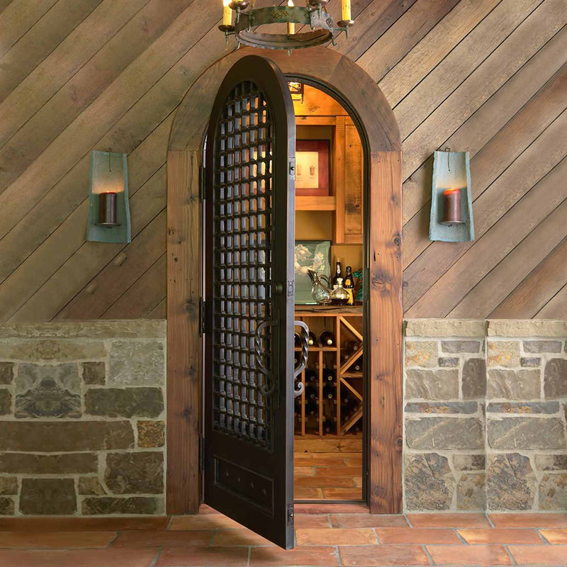 IWD-Iron-wine-cellar-single-door-round-top-CID-W012-grid-style-with-kickplate-clear-glass-ironwroughtdoors