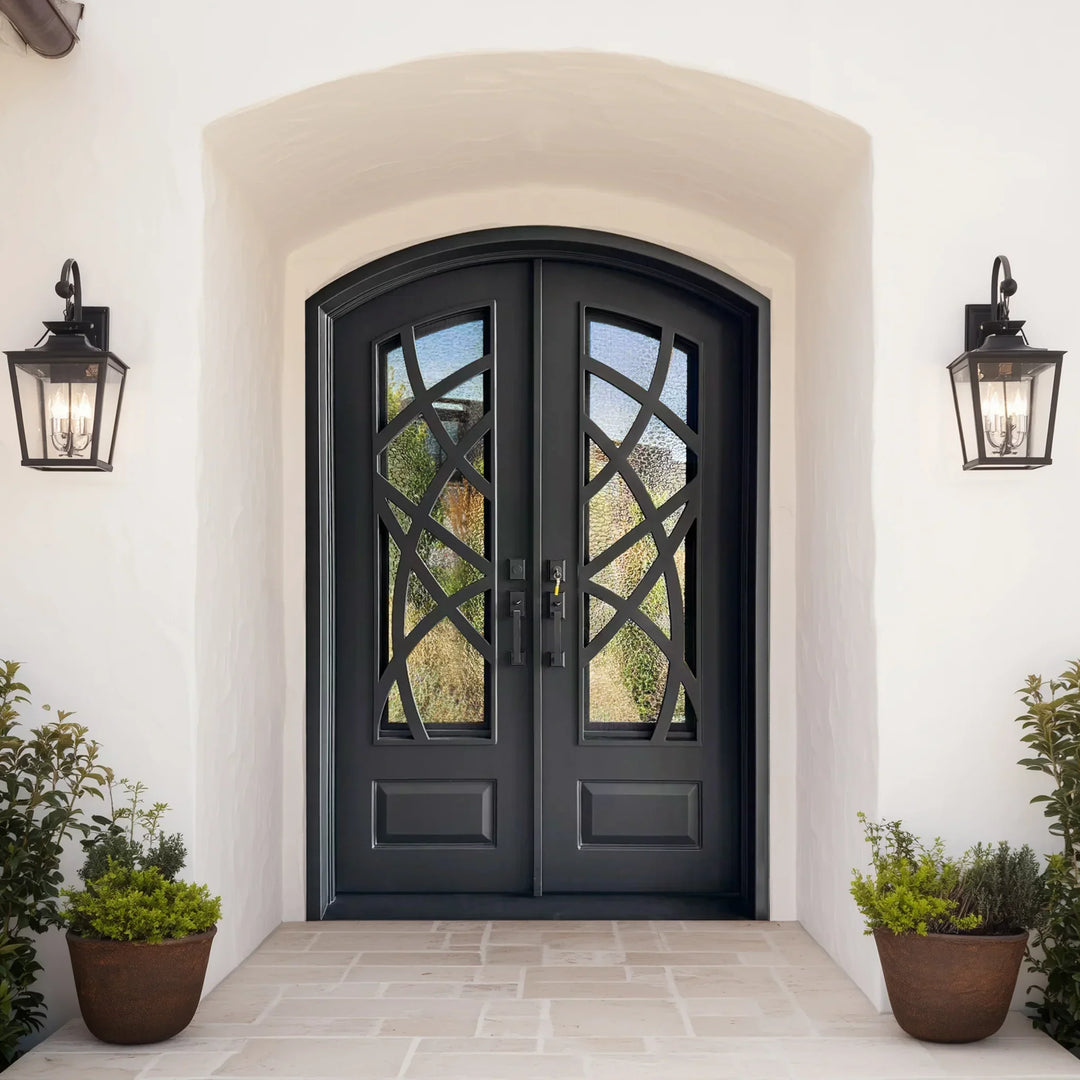 IWD Custom-made Wrought Iron Double Door CID-011 Modern Curve Lines Arched Top Rain Glass with Kickplate