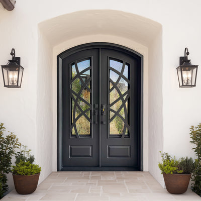 IWD Custom-made Wrought Iron Double Door CID-011 Modern Curve Lines Arched Top Rain Glass with Kickplate