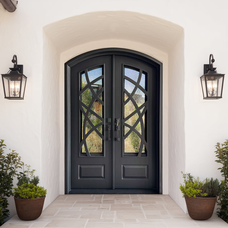 IWD Custom-made Wrought Iron Double Door CID-011 Modern Curve Lines Arched Top Rain Glass with Kickplate