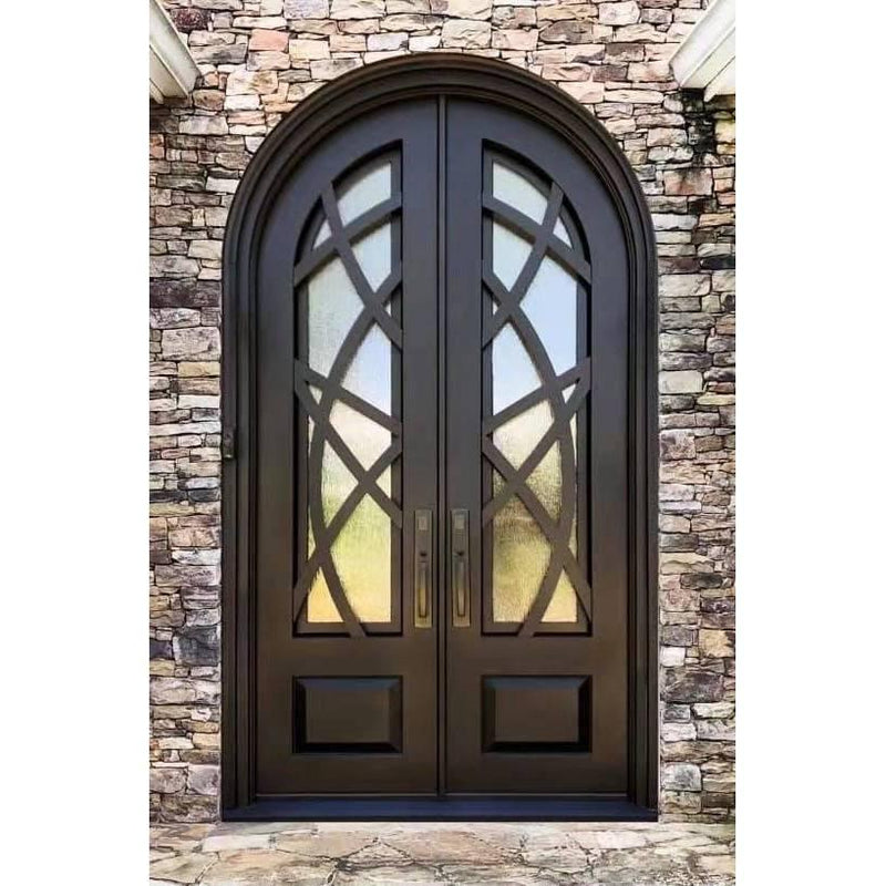 IWD Custom-made Wrought Iron Double Door CID-011 Modern Curve Lines Round Top Rain Glass with Kickplate