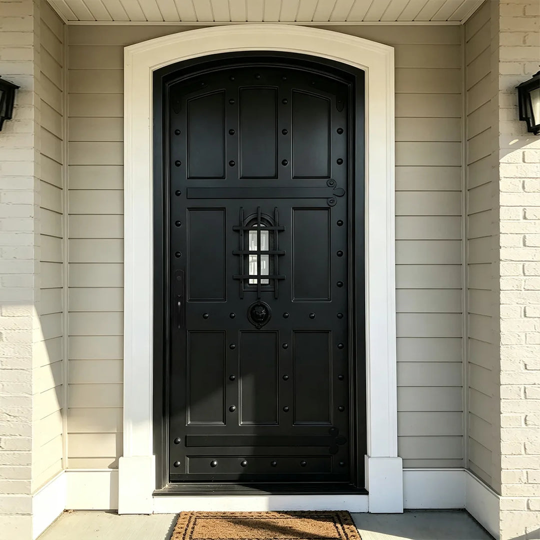 IWD-iron-arched-entry-door-speakeasy-window-with-tempered-glass-and-lion-head-ornament-ironwroughtdoors