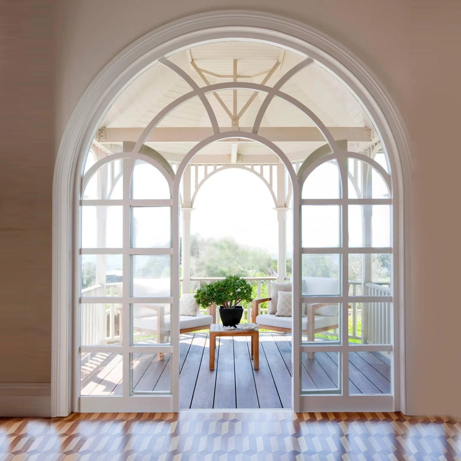 IWD Elegant White Front Iron Narrow Double French Door Clear Glass 8-Lite Arched Top CIFD-D0408 - IronWroughtDoors