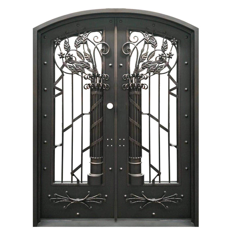 IWD-complex-steel-double-entrance-door-clear-glass-CLID-022-arched-top-3D-flowers-ironwroughtdoors